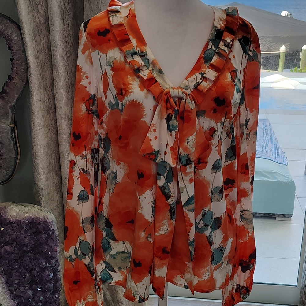 St. John Vibrant Floral Blouse in Orange and Teal - Picture 3 of 11